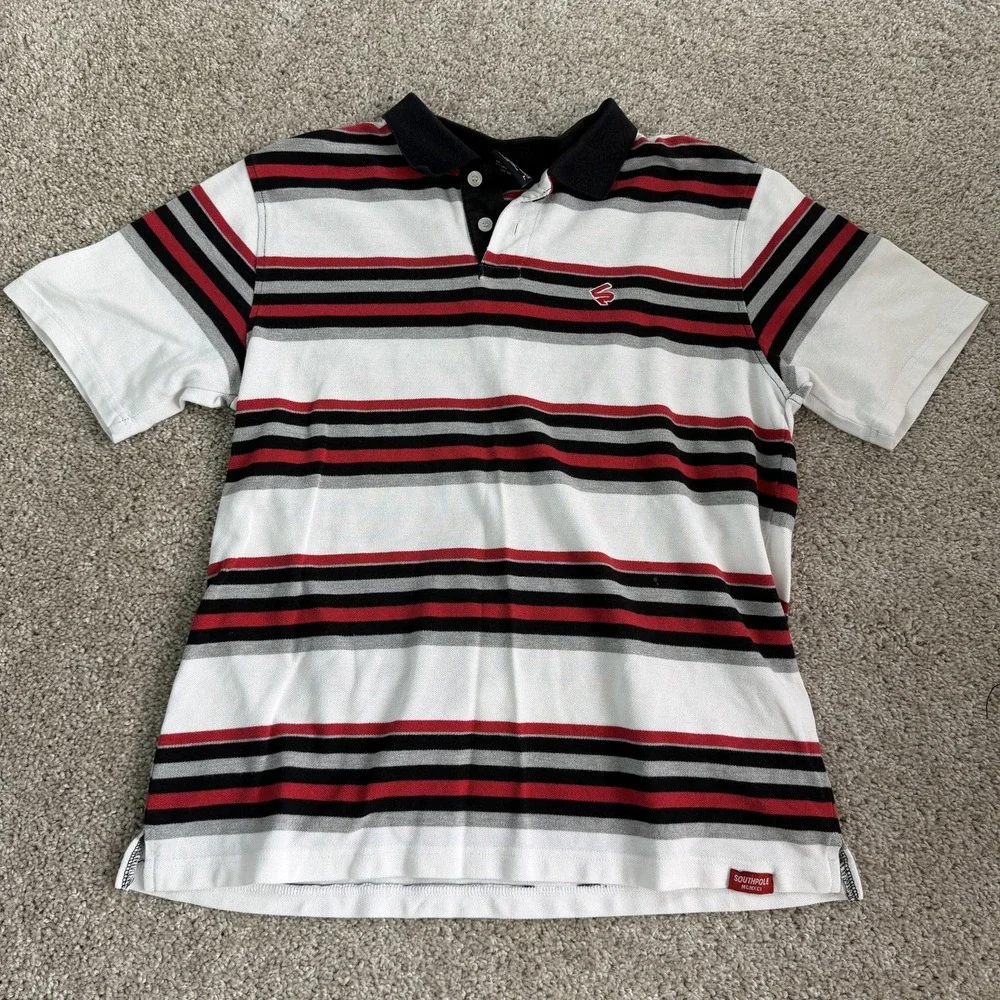 Y2K Southpole Polo Shirt Mens Large White Stripe Short Sleeve Cotton Blend
